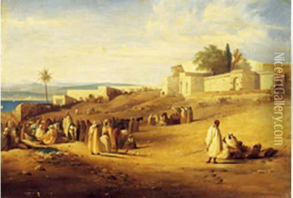Scene Animee A L'entree D'une Ville, Algerie Oil Painting - Louis Longa