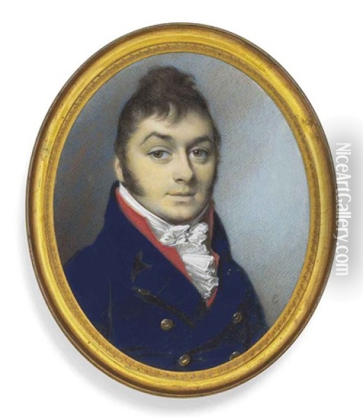 Captain Keane Osborne In Blue Coat, Red Waistcoat And Frilled Cravat Oil Painting - George Engleheart