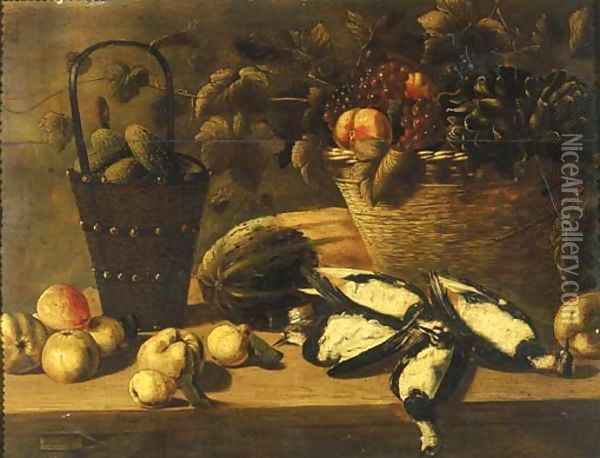 Grapes, peaches and artichokes in a basket with gherkins in a bucket Oil Painting - Johannes Kuveenis I
