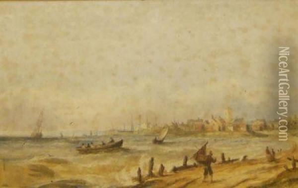 Coastal View - Possibly Great Yarmouth Oil Painting - William Adolphu Knell