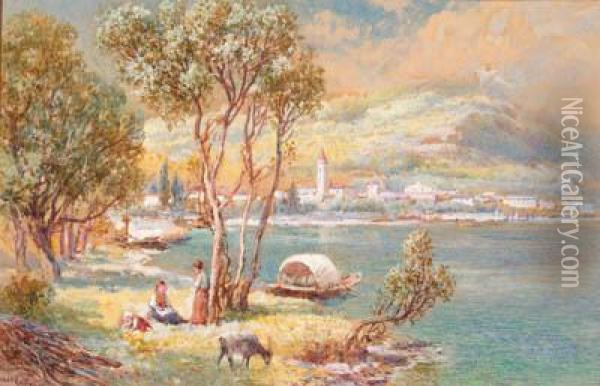 Figures And A Goat Beside The 
Edge Of A Lake; And Figures In Arowing Boat Beside The Shore Oil Painting - Charles Rowbotham