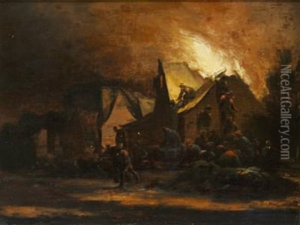 A House On Fire At Night Oil Painting - Egbert Lievensz van der Poel