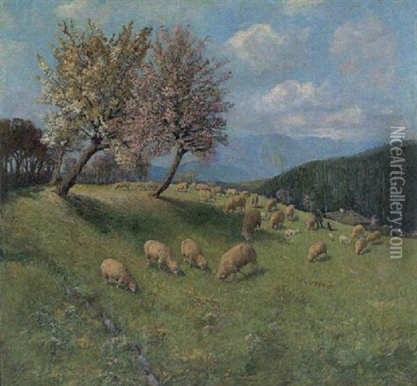 Weidende Schafe Auf Einer Bluhenden Fruhlingswiese Oil Painting - Carl Mueller-Baumgarten