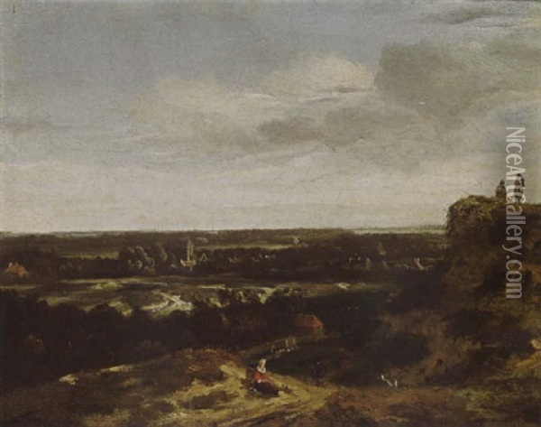 An Extensive Dune Landscape With A Woman Resting In The Foreground, And A View Of The Village Beyond Oil Painting - John van der Vaart