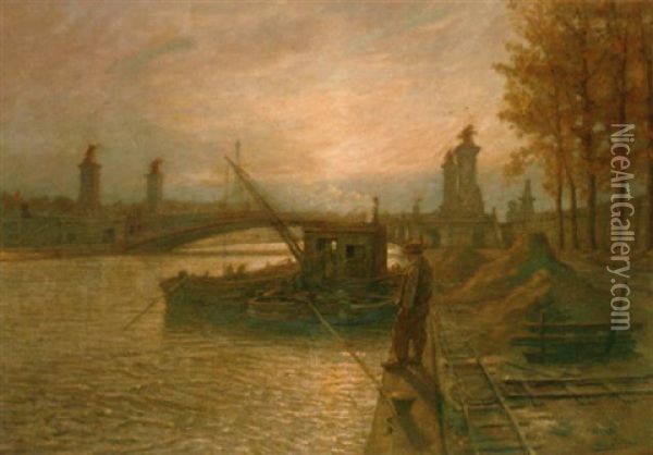 Barges On The Seine Before Pont Alexandre Iii With The Eiffel Tower Beyond Oil Painting - Jean-Joseph Enders