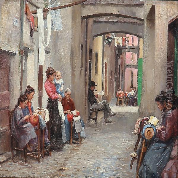 Street Scene With Lacemakers In Via Dell Oro, Rapallo In Italy Oil Painting - Hermann Fenner-Behmer