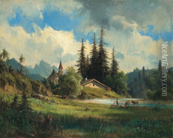 Eine Landschaft In Tirol Oil Painting - Ludwig Georg Eduard Halauska