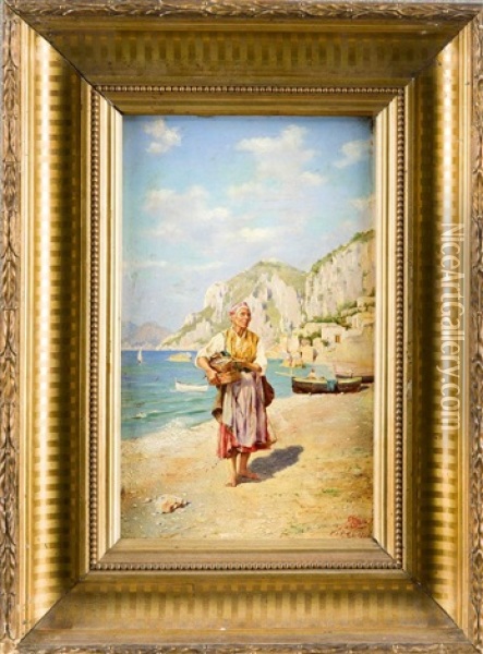 Fischverkauferin Am Strand Von Capri Oil Painting - Augusto Lovatti