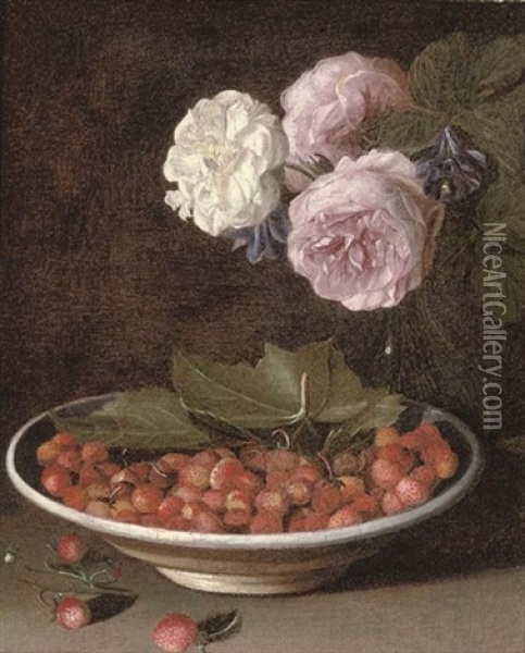 Roses And Campanula In A Glass Vase With Wild Strawberries In A Bowl On A Stone Ledge Oil Painting - Jean-Michel Picart
