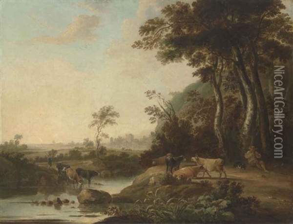 A Wooded Landscape With A Herdsman And His Cattle By A Stream, A Village Beyond Oil Painting - Aelbert Cuyp