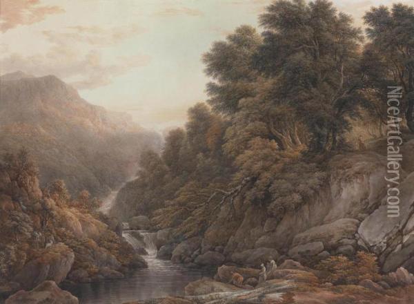 A Waterfall Between Llanwrst And Conway, North Wales Oil Painting - John Glover