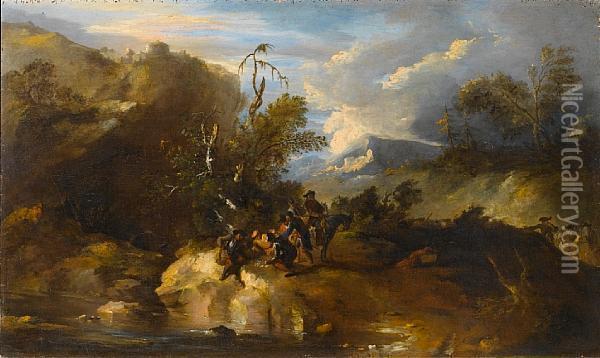 Banditi In A River Landscape Oil Painting - Pandolfo Reschi