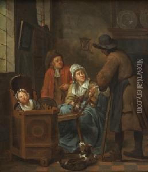 Interior Withwoman At The 
Spinning-wheel, Next To Her A Man Leaning On A Chair.on The Left A 
Little Child Sleeping In Its Chair Oil Painting - Louis de Moni