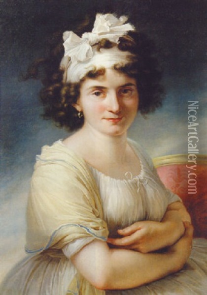 Portrait Of Celeste Coltellini, Mme. Meuricoffre, In A White Dress And Cream Shawl With A Headband Tied In A Bow Oil Painting - Antoine Jean (Baron Gros) Gros