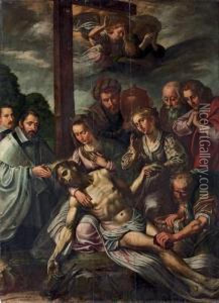 The Lamentation With Donors Oil Painting - Marten Pepijn