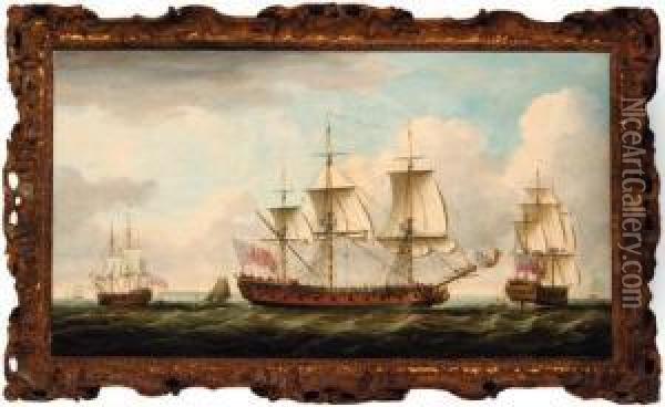 The East Indiaman Northumberland In Three Positions, With Othershipping Off The Downs Oil Painting - John the Younger Cleveley