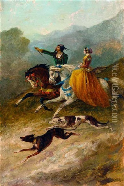 Spanisches Reiterpaar Mit Hunden Im Galopp Oil Painting - Alfred De Dreux