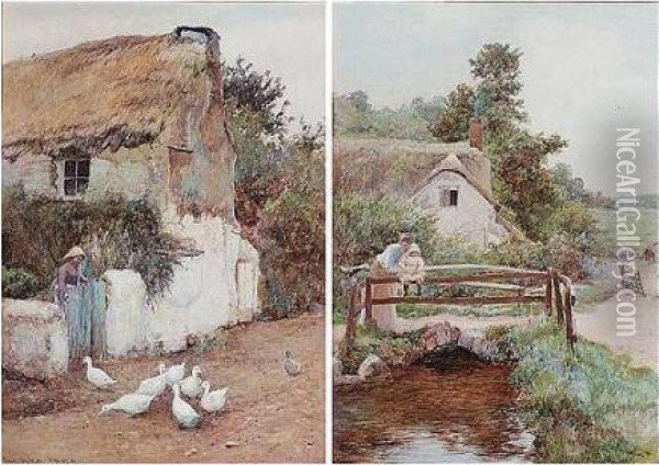 Feeding The Geese; Looking For Tiddlers Oil Painting - John White