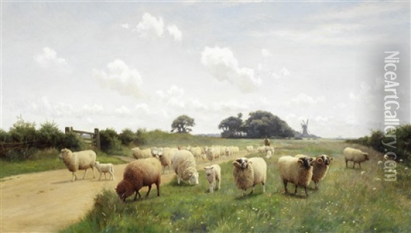 Sheep And Shepherd On A Country Path With A Windmill Beyond Oil Painting - William Sidney Cooper