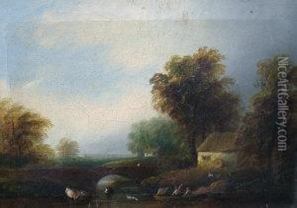 Mid 19th Century- Figures In A Boat On A River By A Bridge With A Cottage And Woodland Oil Painting - A. Beattie