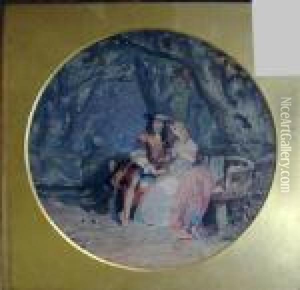 'a Cavalier And His Love Seated 
Beneath A Tree', Handcoloured Engraving, 22cm Diam, Signed In The Stone,
 In Gilt Frame Oil Painting - John Edmund Buckley