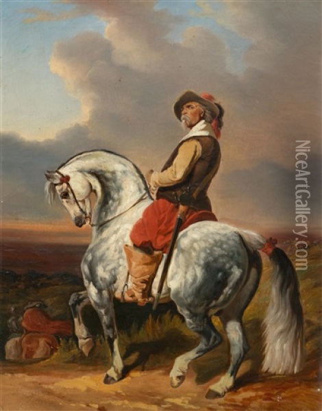 Musketeer On A Dapple Grey Oil Painting - Alfred De Dreux