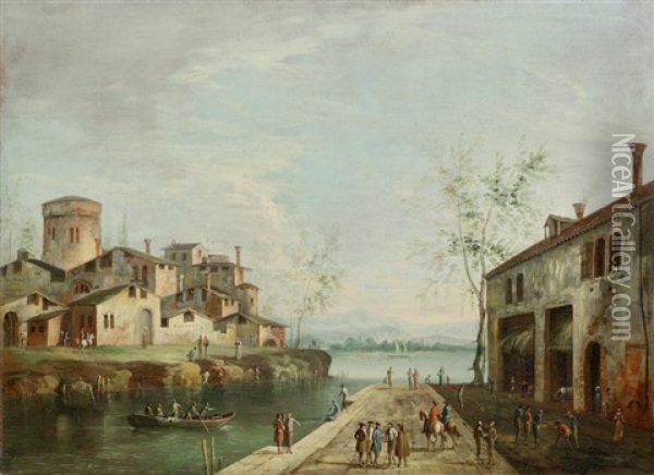 An Architectural Capriccio With Figures Before A Ruined Arch; And Figures On A Quayside With A Village On The Far Bank (2) Oil Painting - Michele Marieschi