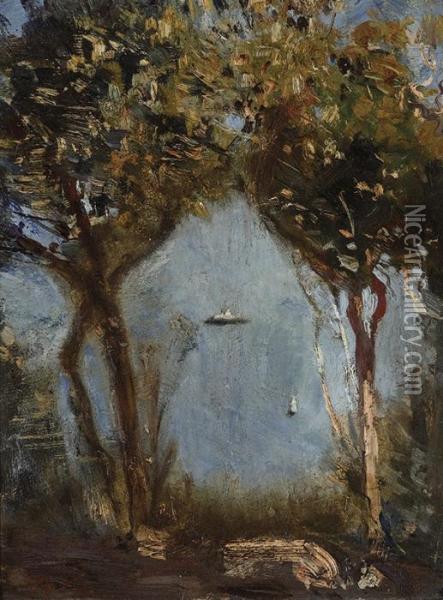 A Glimpse Of Sydney Harbour Through The Trees Oil Painting - Arthur Ernest Streeton