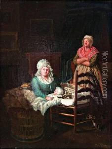 Vrouwen Met Baby In Een Interieur Oil Painting - Johannes Cornelis Mertz