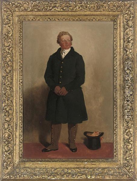Portrait Of A Gentleman, Full-length, In A Blue Coat And White Shirt, A Top Hat And Scarf Beside Him Oil Painting - Samuel de Wilde
