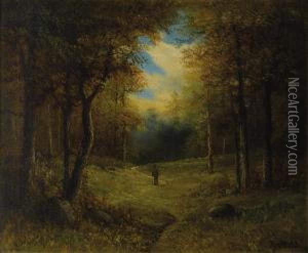 Man Strolling In A Wooded Landscape Oil Painting - A.A. Mills
