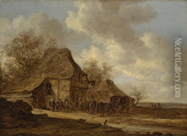 An Extensive Landscape With Travellers At An Inn Oil Painting - Jan van Goyen
