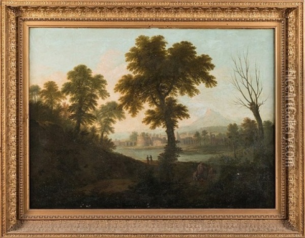 An Italianate Landscape, Figures In The Foreground, With A View To A Fortified Town And Mountains Beyond Oil Painting - Gabriele Ricciardelli