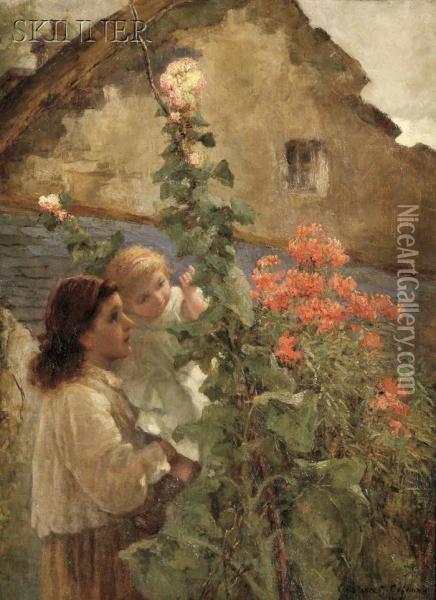 Young Woman Holding A Child Beside Hollyhocks Oil Painting - Constance Getrude Copeman