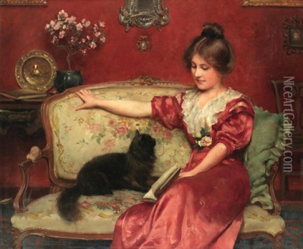 Femme Assise Et Son Chat Oil Painting - Leo A. Malempre