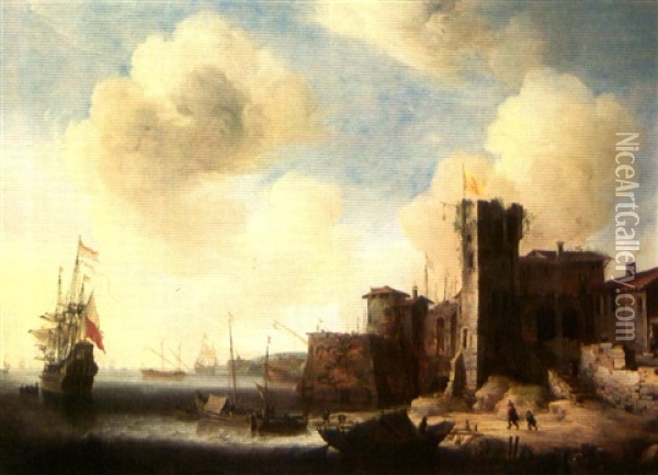 An Imaginary Mediterranean Harbour Scene Oil Painting - Jan Abrahamsz. Beerstraten