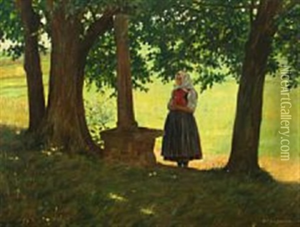 Forest Scene With Woman At A Monument Oil Painting - Reinhard Paul Junghanns