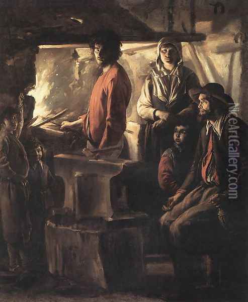 Blacksmith at His Forge Oil Painting - Le Nain Brothers
