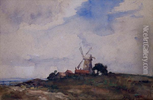 A Windmill Ina Landscape Oil Painting - James Herbert Snell