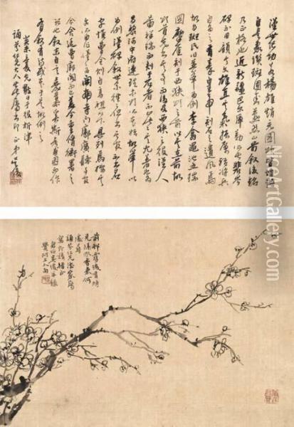 Callligraphy And Plum Blossom Oil Painting - Wu Changshuo