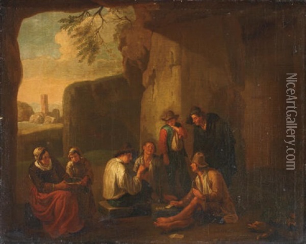 Peasants Playing Cards In A Grotto, Ancient Ruins Beyond Oil Painting - Norbert van (Cefalus) Bloemen