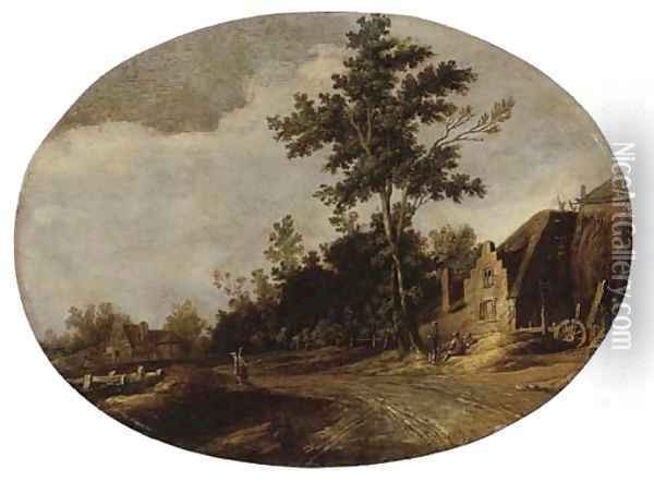 A wooded landscape with a sportsman on a path and figures conversing by a farm Oil Painting - Joost de Volder