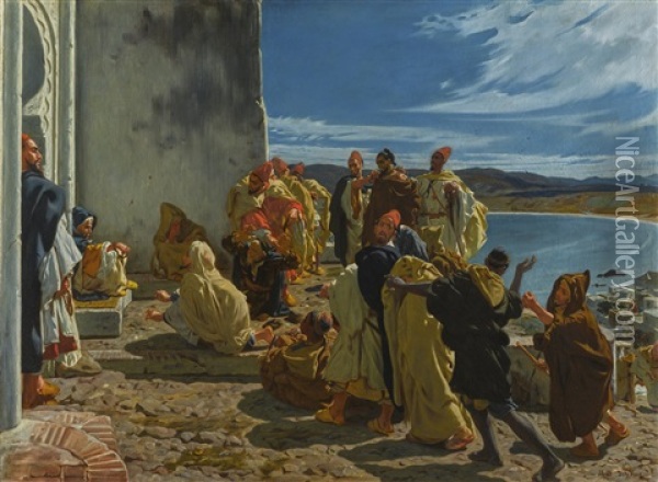 An Audience Outside The Kasbah Gate, Tangiers Oil Painting - Edme Alexis Alfred Dehodencq
