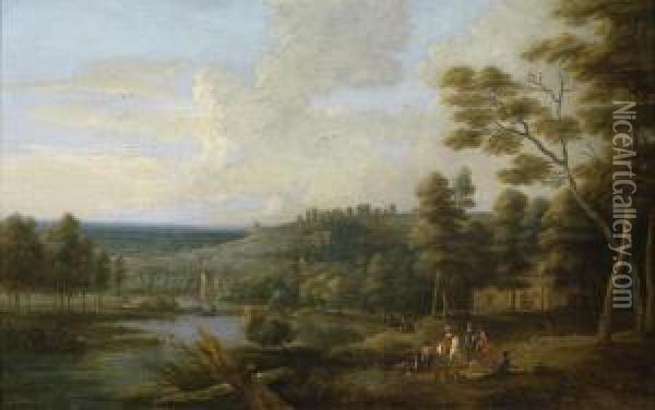 A Broad Landscape With Huntsmen By Ariver Oil Painting - Lucas Van Uden