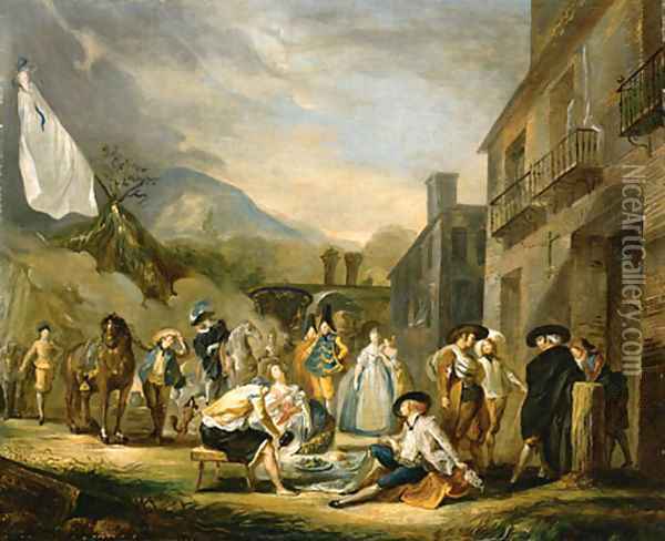 Gentlefolk picnicing in a Village Oil Painting - Luis Paret Y Alczar