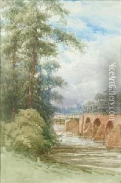 Pope A View Of A Bridge Across A River Oil Painting - Henry Pope