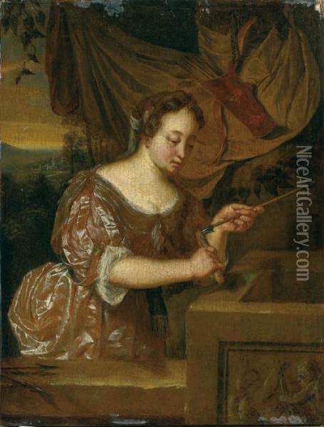Jeune Femme Tenant Une Fleche Oil Painting - Frans Ii Van Mieris