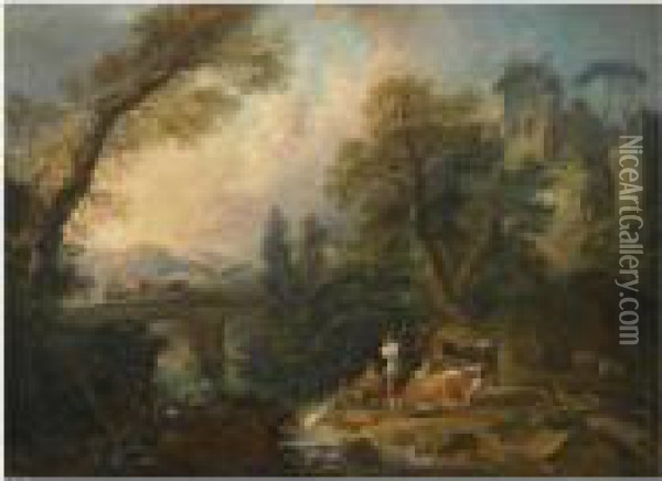 A Pastoral Landscape With 
Herders And Their Animals Resting Besidea River, A Bridge Beyond Oil Painting - Nicolas-Jacques Juliard