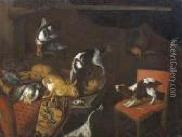 Drei Hunde Mit Jagdbeute In Einer Vorratskammer Oil Painting - Frans Snyders