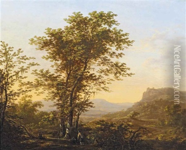 An Italianate Landscape With Two Travellers Resting By A Birch Grove, Figures On A Path Beyond Oil Painting - Herman Saftleven